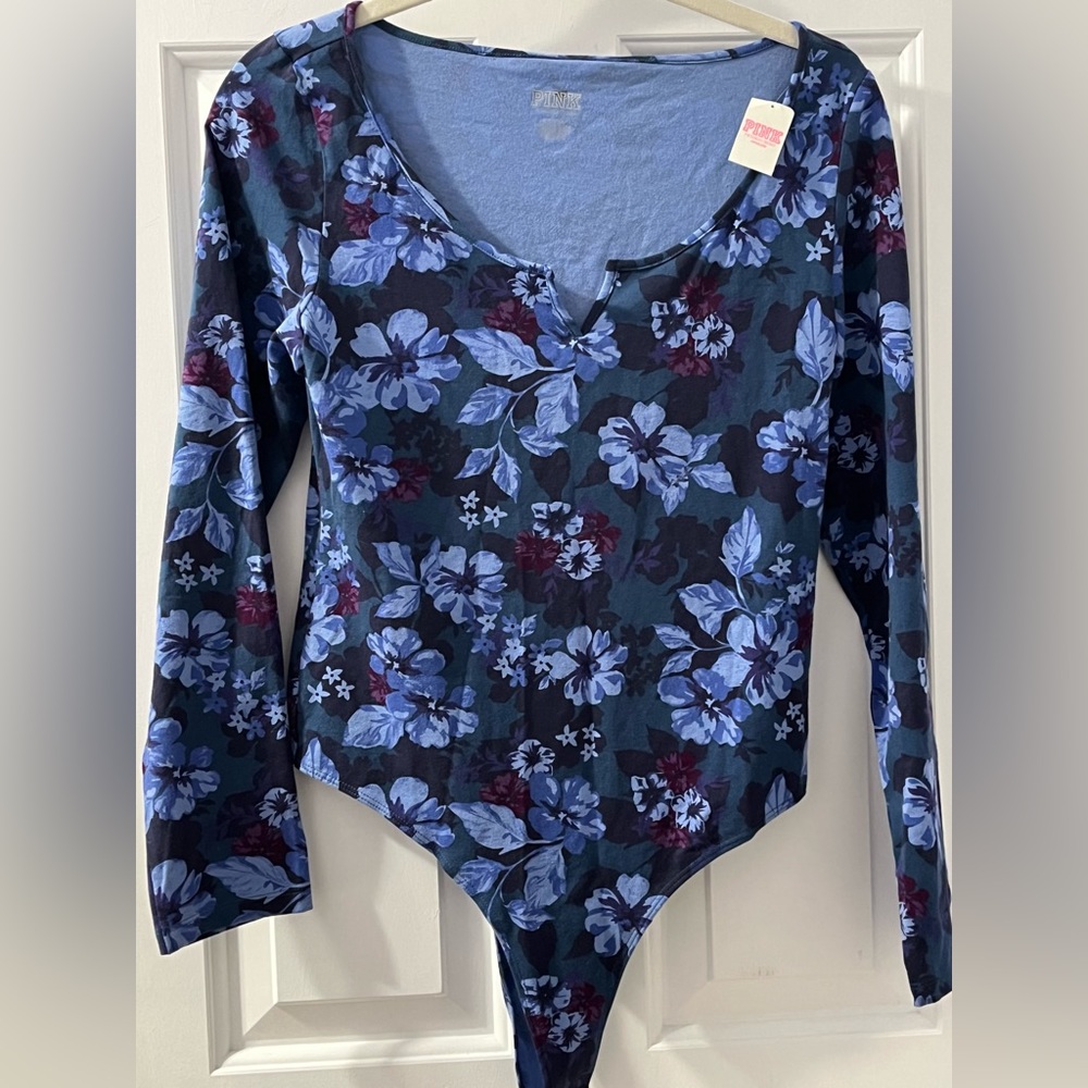 NWT Victoria Secret PINK Long Sleeve Navy Floral Body Suit Size Medium